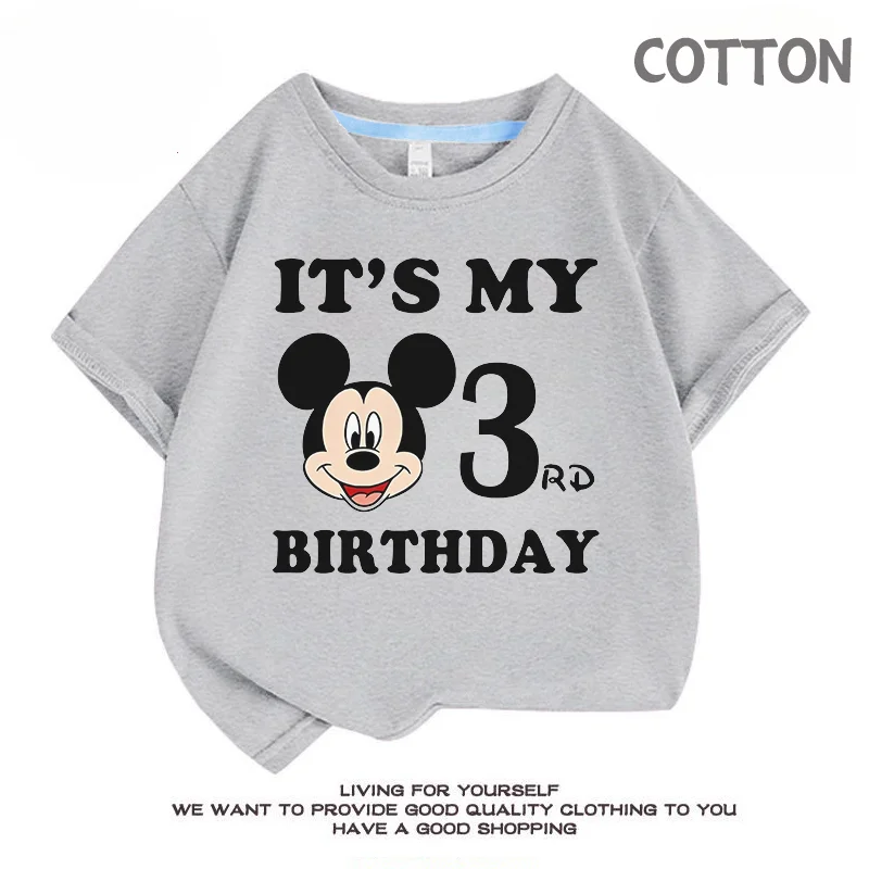 Grey Mickey Mouse Anime Cartoons Children T-Shirt Disney Birthday Number 1-9 Boy Girl Cotton Clothes Kid  Baby Casual Tee Shirt