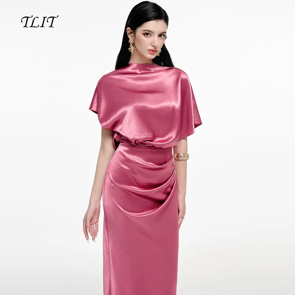 TLIT 우아한 매화 실크 새틴 이브닝 드레스 오-넥 자켓 vestido de noite 맞춤형 Draped Mermaid 지퍼 파티 드레스