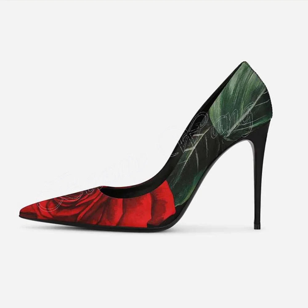 Red Rose Flower Decor Pumps Shallow Slip on Slim Heel Shoes for Women Pointed Toe High Heels Fashion 2023 Zapatos Para Mujere