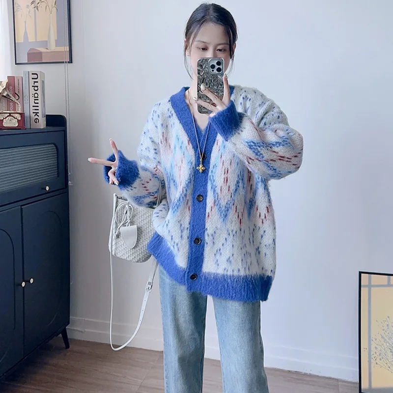 

Women Coat Cardigan Sweaters Coats V Neck Print Full Sleeve Jumpers Y2k Streetwear Elegant Knit Casual Loose Autumn Winter