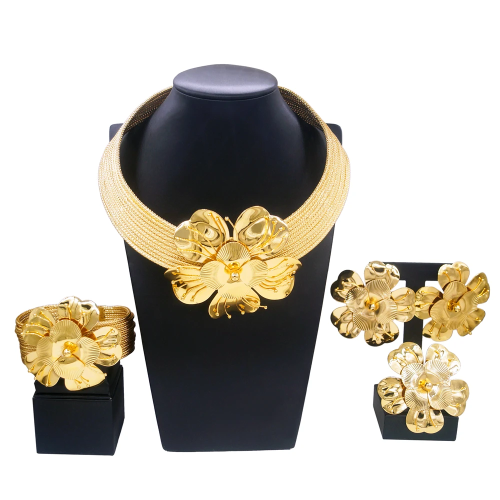 Brazil Gold Plated Design Women Necklace Jewelry Set Pure Copper High Quality Necklace Earrings Flower Bud Shape Banquet Wedding