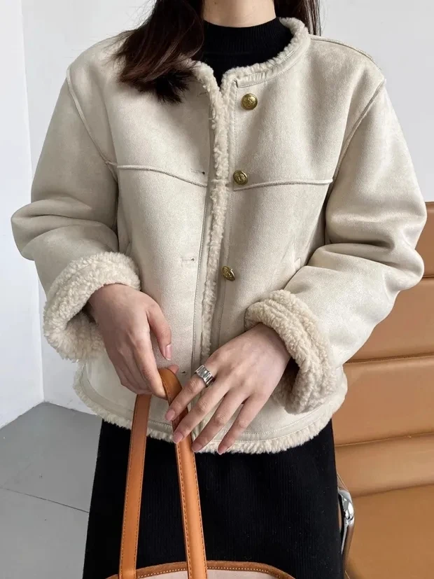 Suede Lamb Fur Short Jacket Women Vintage Autumn Winter Padded Thickened Long Sleeve Outwear Camel Fashion Patchwork Coats