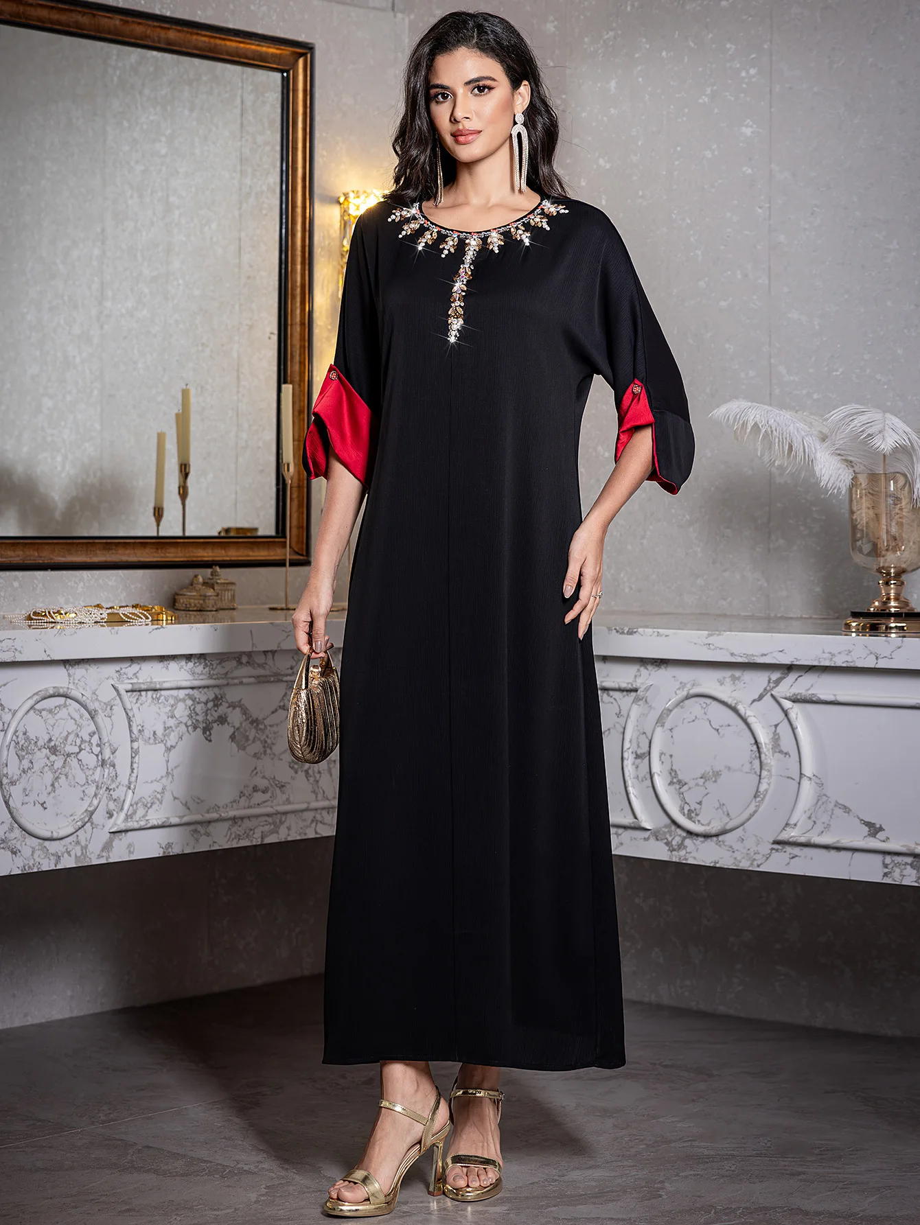 

Ramadan Diamonds Abaya Dubai Kaftan Women Muslim Maxi Dress Morocco Caftan Femme Musulmane Vestidos Eid Djellaba Robe Jalabiya