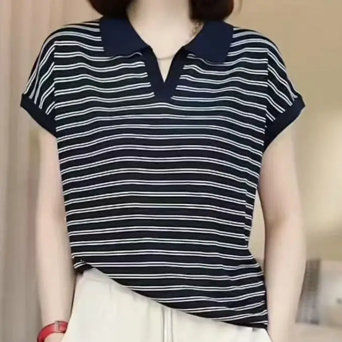 

High-End Women's Brand Large Size 2026 Spring Summer New Stripe Short Sleeve Neck Base Shirt T-Shirt Commute Style Regul...