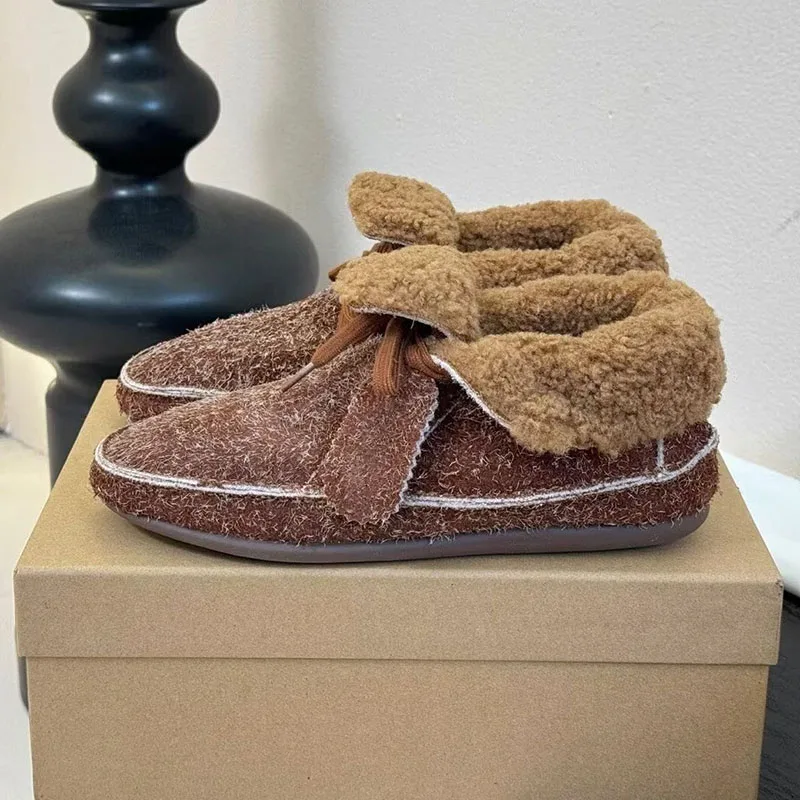 

New 2025 Ankle Boots Women's Round Toe Lace-up Design Short Boots Winter Plush Lining Keep Warm Retro Flat Bottom Snow Boots