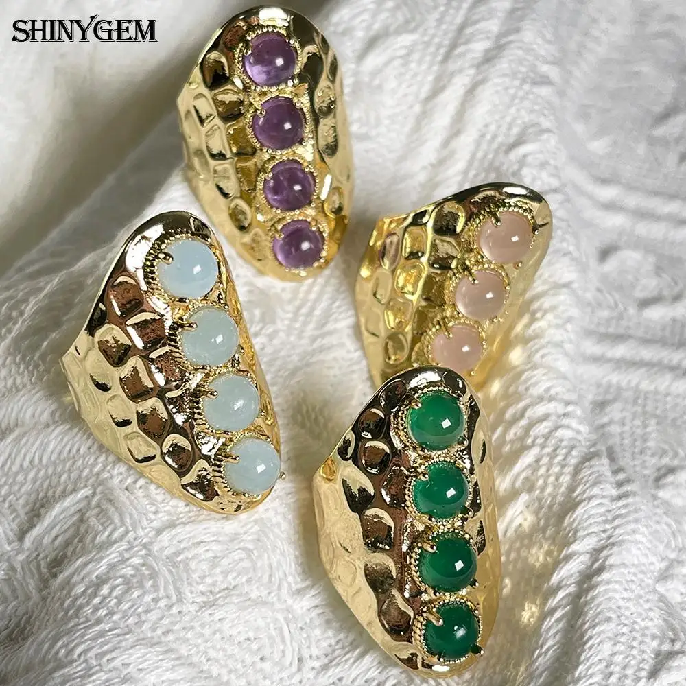 

SHINYGEM Claw Natural Crystal Stone Druzy Cabochon Ring 18K Gold Plated Rose Quartz Amethyst Aquamarite Women's Party Jewelry