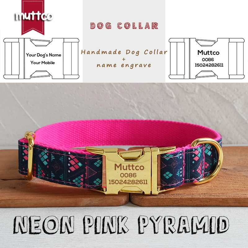 MUTTCO engraved metal buckle dog collar NEON PINK PYRAMID personalized dog ID tag collar 5 sizes nameplate anti-lost pet UDC195