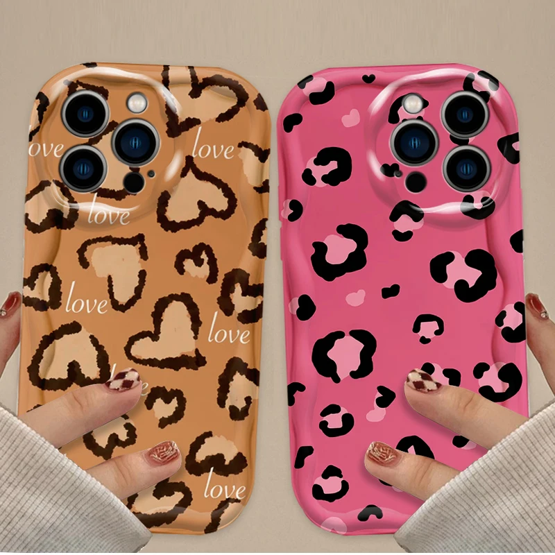 Love Heart Leopard Print 3D Wave Case For iPhone 16 15 14 13 12 11 Pro Max X XR XS 8 7 Plus SE 2020 Silicone Protective Cover