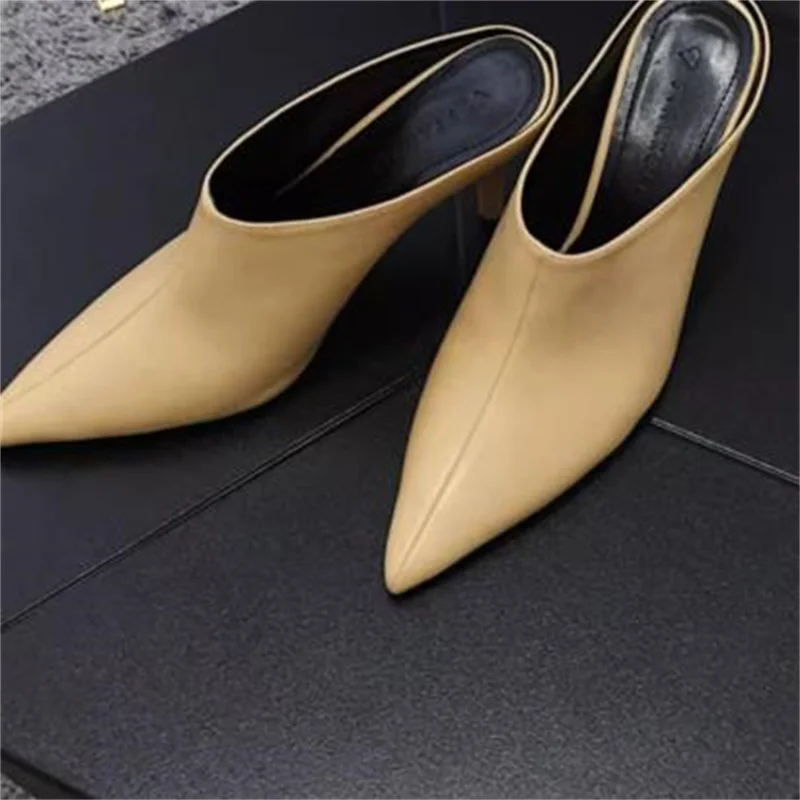 Sewing Lines Shoes for Women Pu Leather Thin High Heels Pointed Toes Female Mules Shallow Zapatos Mujer Solid Chassure Tacones