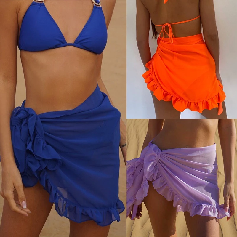 Sarongas de malla corta para mujer, traje de baño liso, vestido de Bikini de playa, falda envolvente transparente de gasa, bufanda con volantes, traje de baño