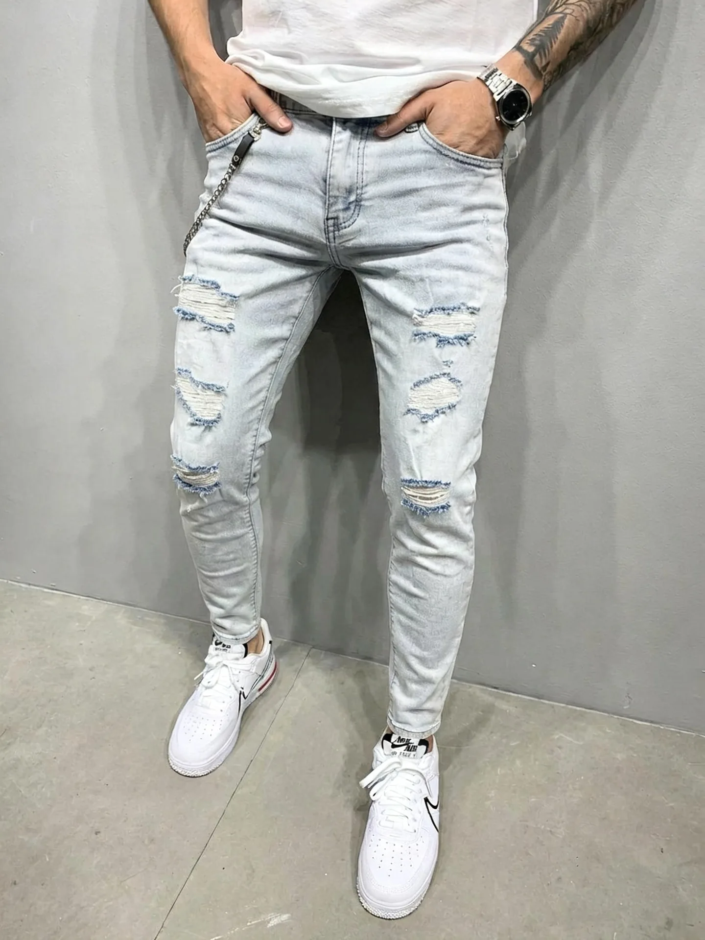 2026 New Vintage Style Ripped Jeans for Men's Slim-Fit Slim-Fit Pants, High Street Fashion Casual Men's Long Pants