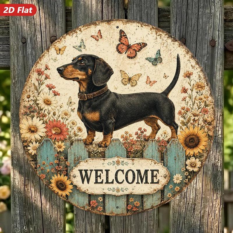 CIFBUY Rustic Round Aluminum Wall Art Weatherproof Durable Metal Sign With Butterfly Sunflower Welcome Text For Porch Entryway