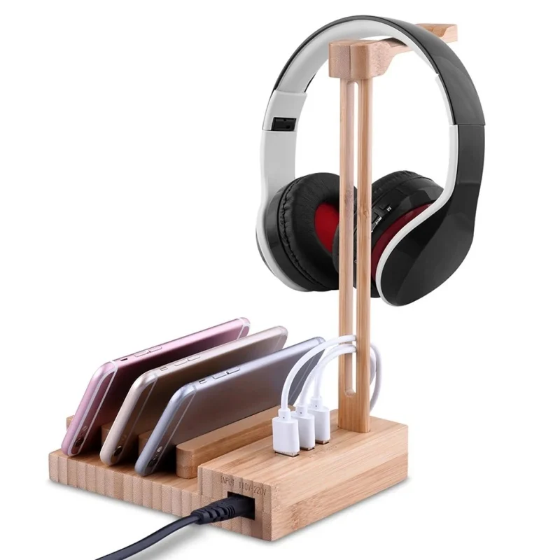 Présentoir pour écouteurs en bois massif, support pour iPhone et iPad, support pour écouteurs perfecemballages, bureau petde charge 3 USB, 3 en 1