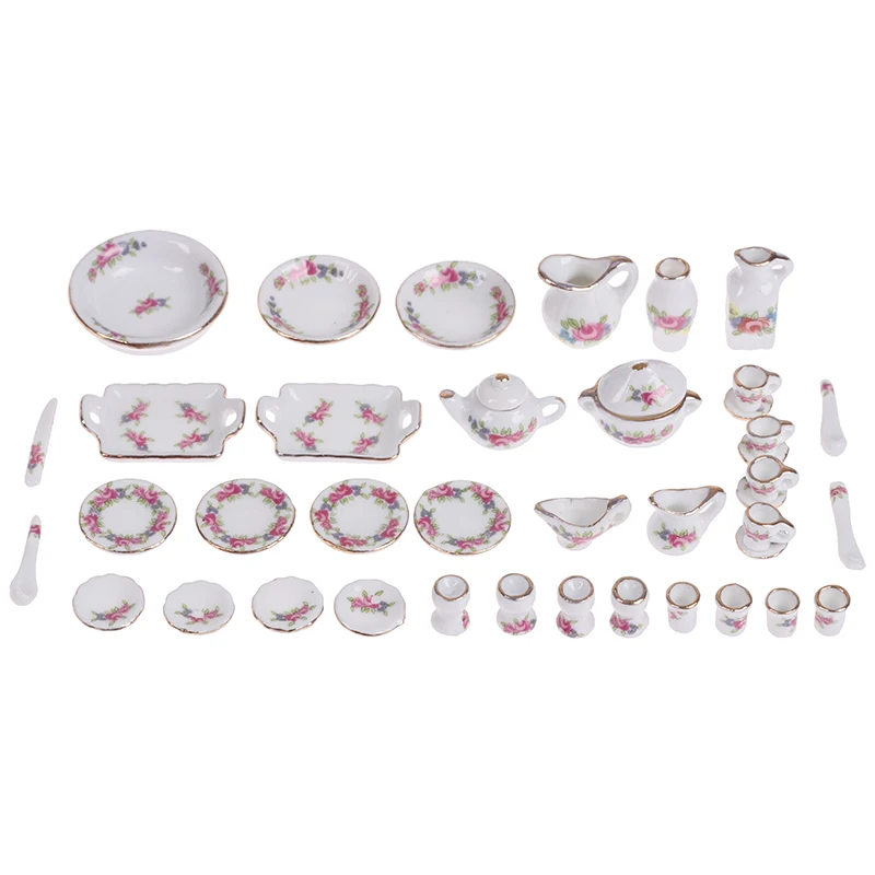 40Pcs/set 1:12 Dollhouse Miniature Tableware Porcelain Ceramic Tea Cup Dishes