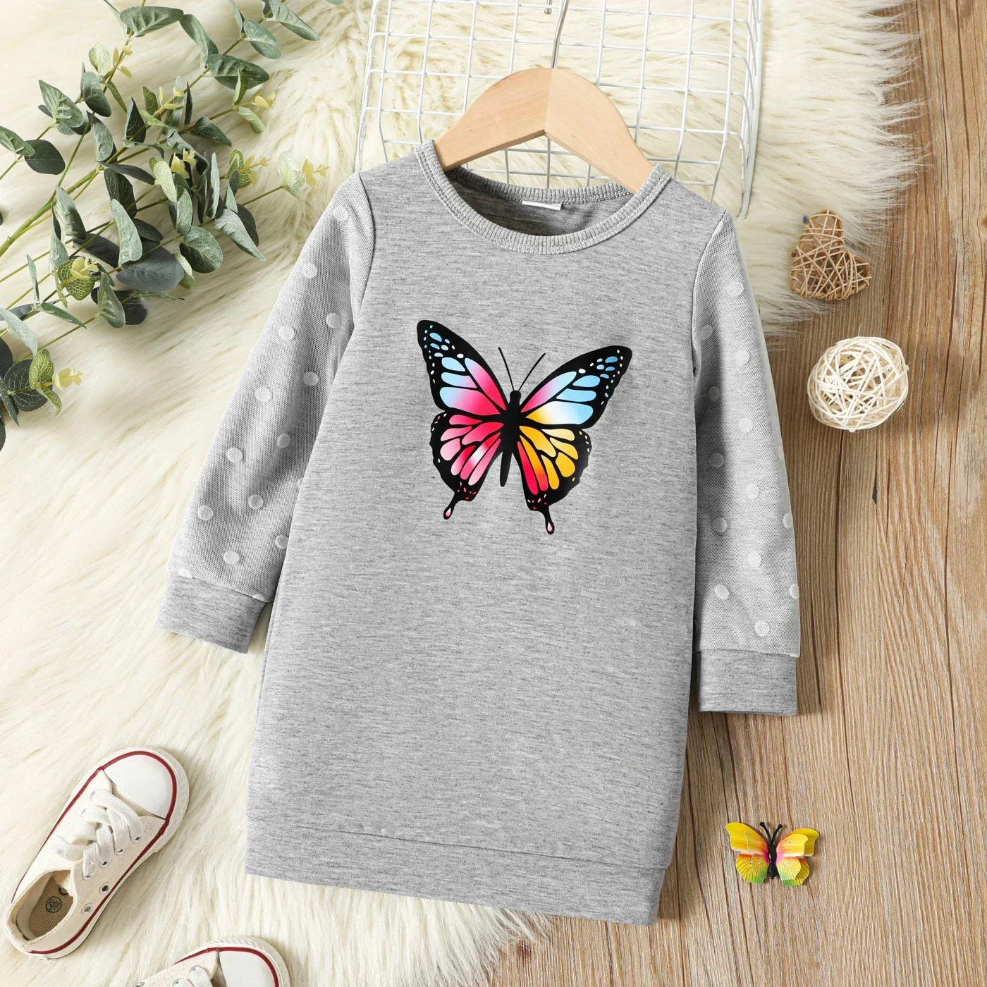 PatPat Toddler Girl Butterfly Polka Dots Mesh Layered Long-sleeve Grey Dress Perfect for Outings and Daily Wear