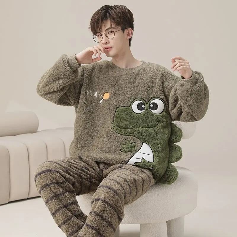 

2025 Winter Plus Size 5XL Long Sleeve Thick Warm Flannel Pajama Sets For Men Cute Cartoon Sleepwear Pyjama Homewear Home Clothes