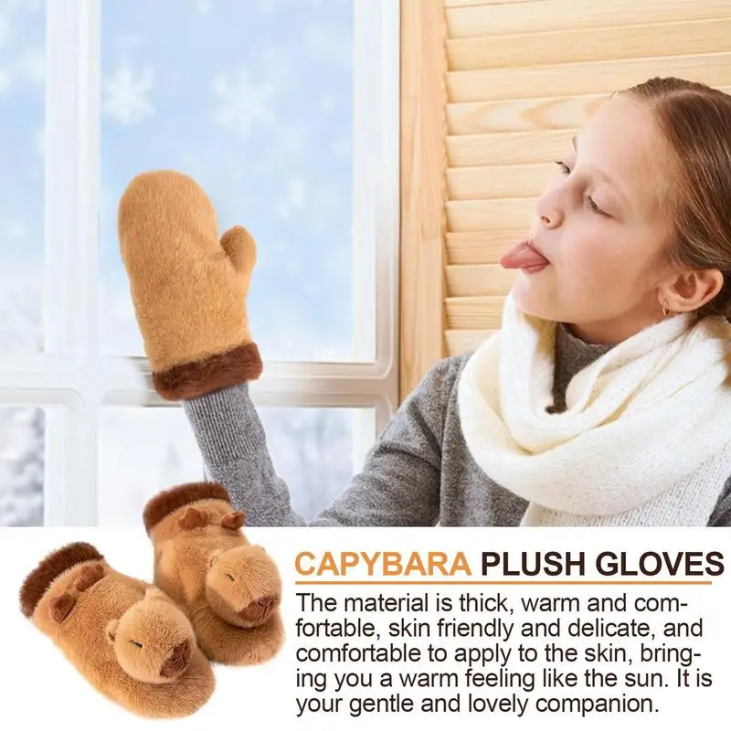 Cold Weather Gloves Capybara Design Warm Winter Thermal Plush Gloves Thick Cute Capybara Mittens Snow Gloves For Outdoor