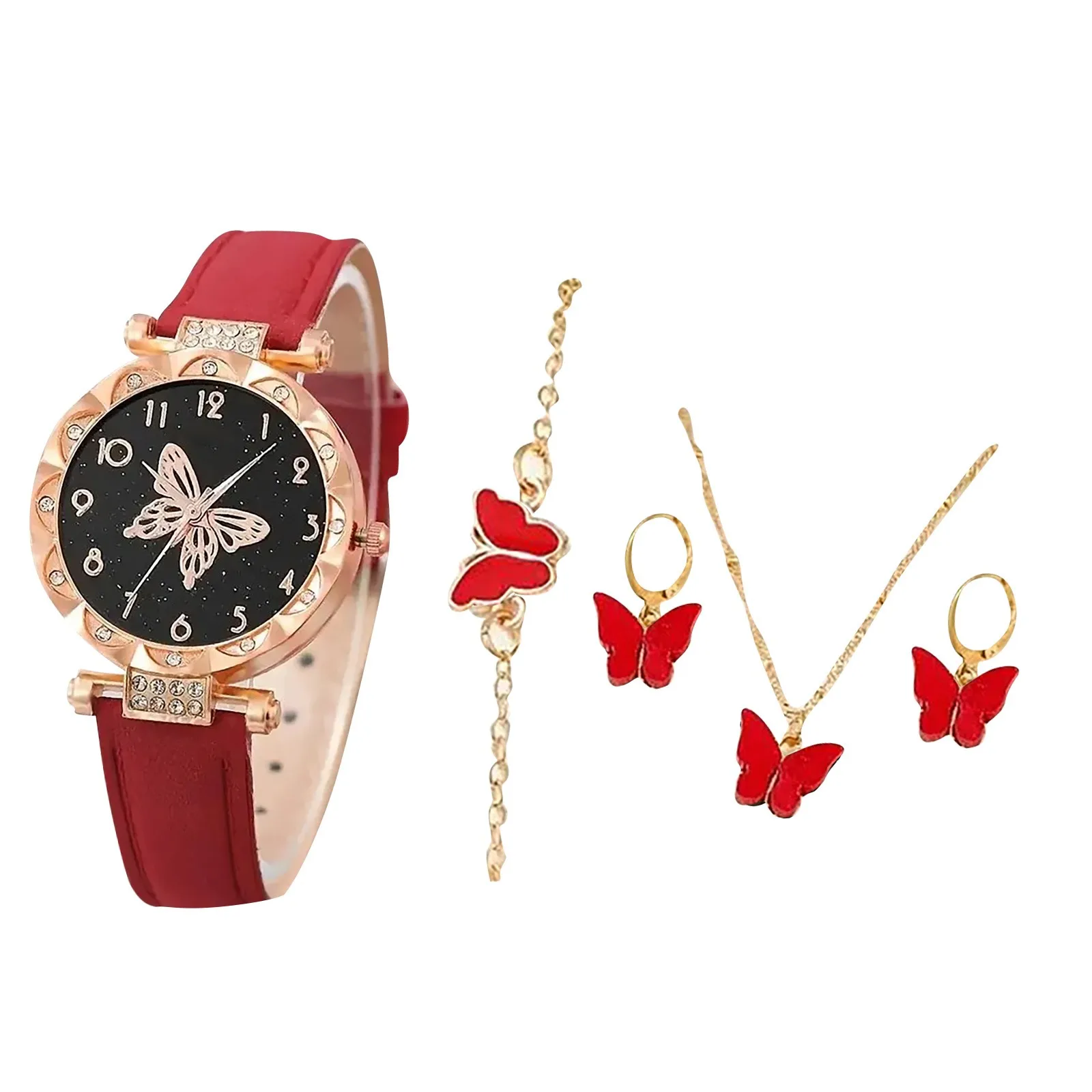 Luxury Watch Women Ring Necklace Earrings Bracelet Set Watches Butterfly Leather Strap Ladies Quartz Wristwatch No Box