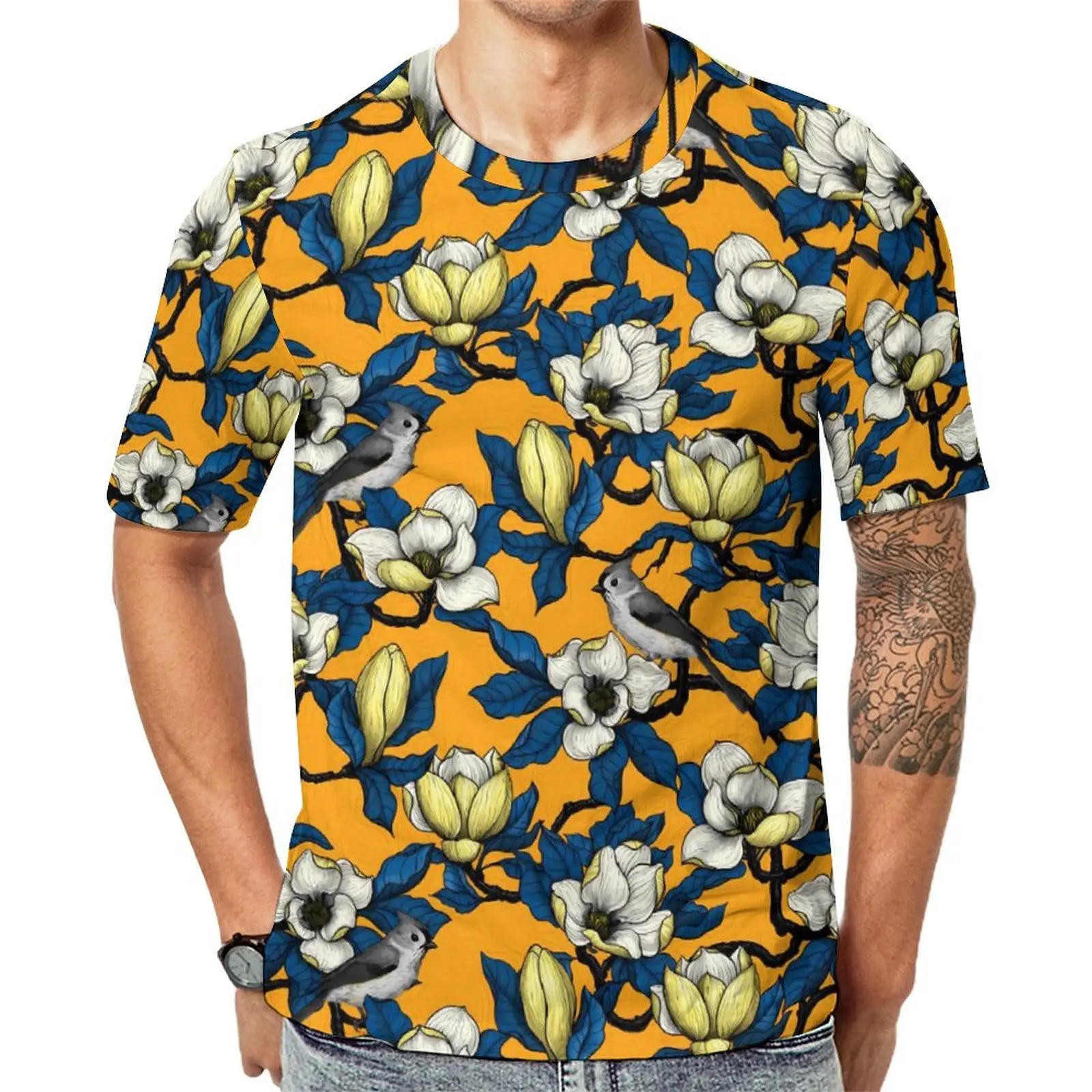 Summer T Shirt Birds Flower T Shirts Blooming Magnolia Basic Popular Tee Shirt For Man Short Sleeve Custom Plus Size Tops