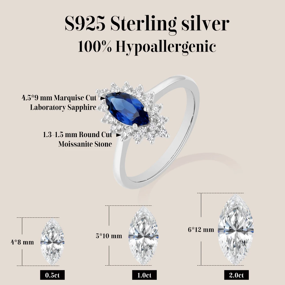 ATTAGEMS Marquise Cut Lab Sapphire Ring S925 Silver Halo Moissanite Engagement Rings for Women Vintage Wedding Fine Jewelry Gift