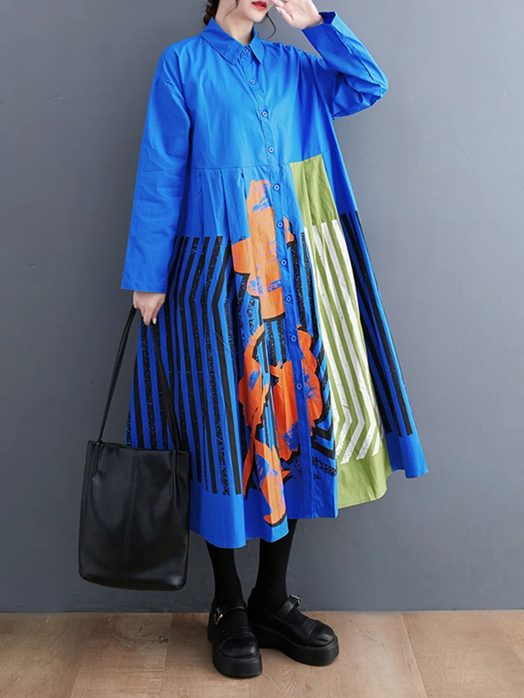 Long Sleeve Patchwork Vintage Print Dresses For Women Loose Casual Midi Dress Robe Fashion Elegant Clothing Spring Autumn 2024