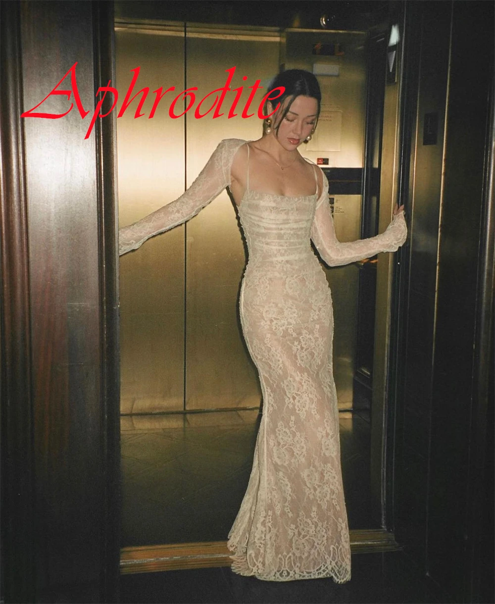 Customized Classic Ivory Lace Evening Dress Exquisite Square Collar Long Sleeves Zipper Back Mermaid Special Occasion Gowns