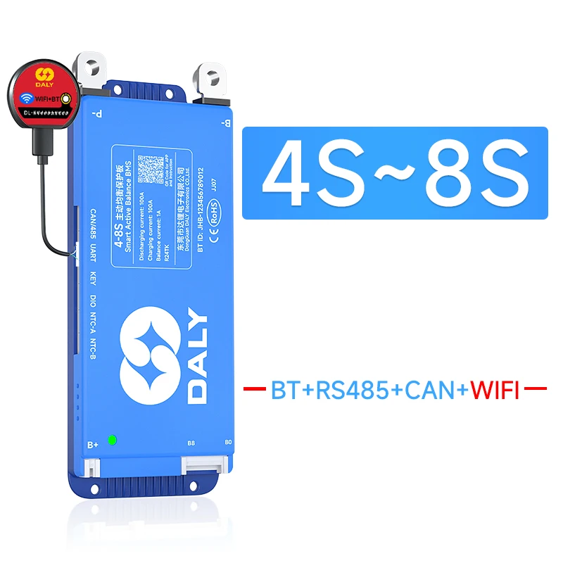 DALY BMS Smart WIFI BMS 4S 12V 8S 24V 16S 48V 80A 100A 1A Actieve Balancer Ingebouwde Bluetooth RS485 CANBUS voor Lifepo4 Li-ion LTO