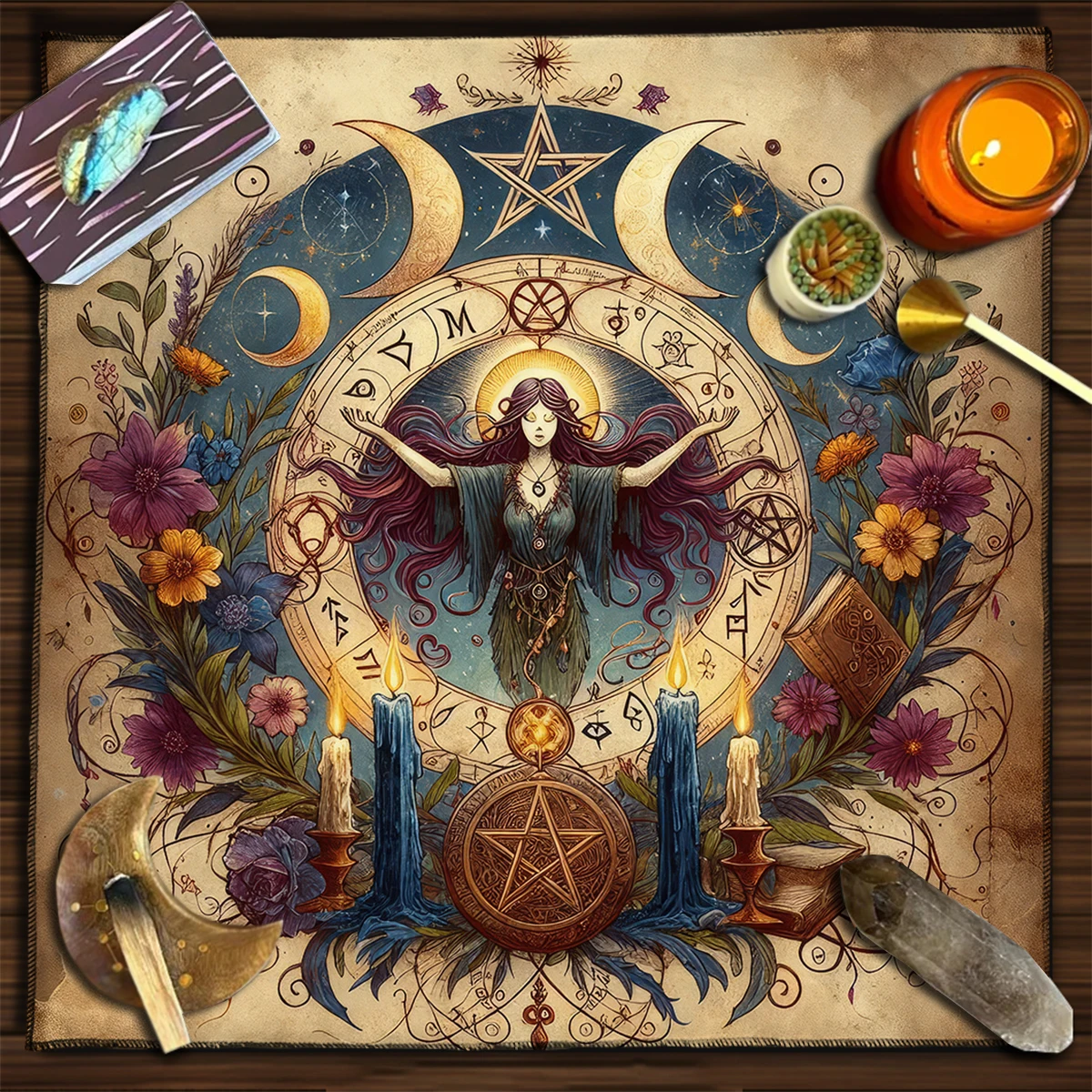 50/75/110/137cm Tarot mat Mystical Moon Phase Cosmic Goddess Tarot Tablecloth Altar Cloth Divination Celestial Witchcraft Tarot