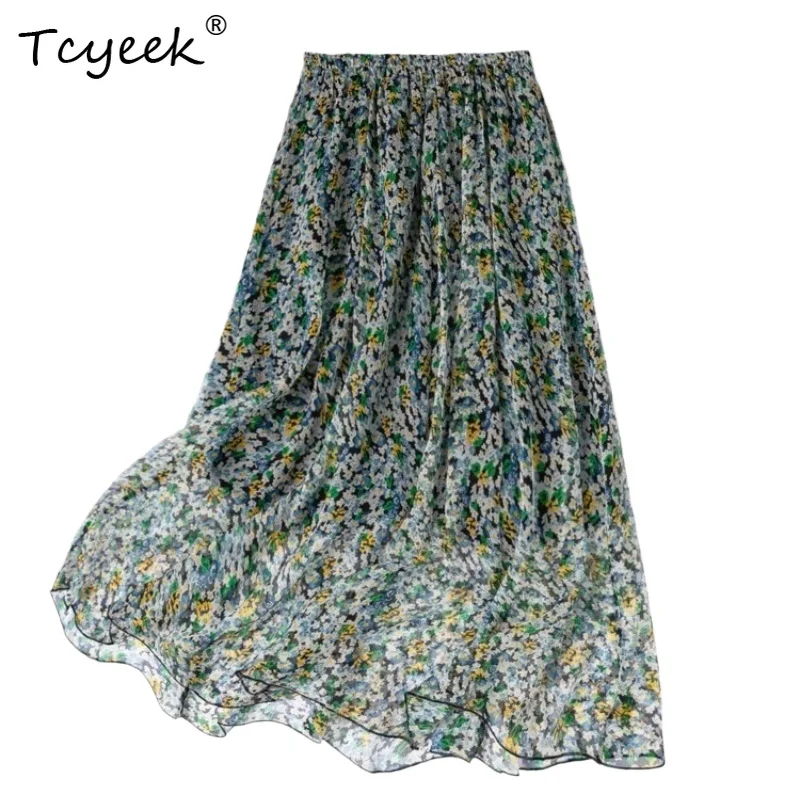 

Tcyeek 100% натуральные шелковые длинные юбки для женщин, весна-лето 2026, с цветочным принтом, двухслойные, пляжные юбки, женская одежда, Faldones Para Mujer