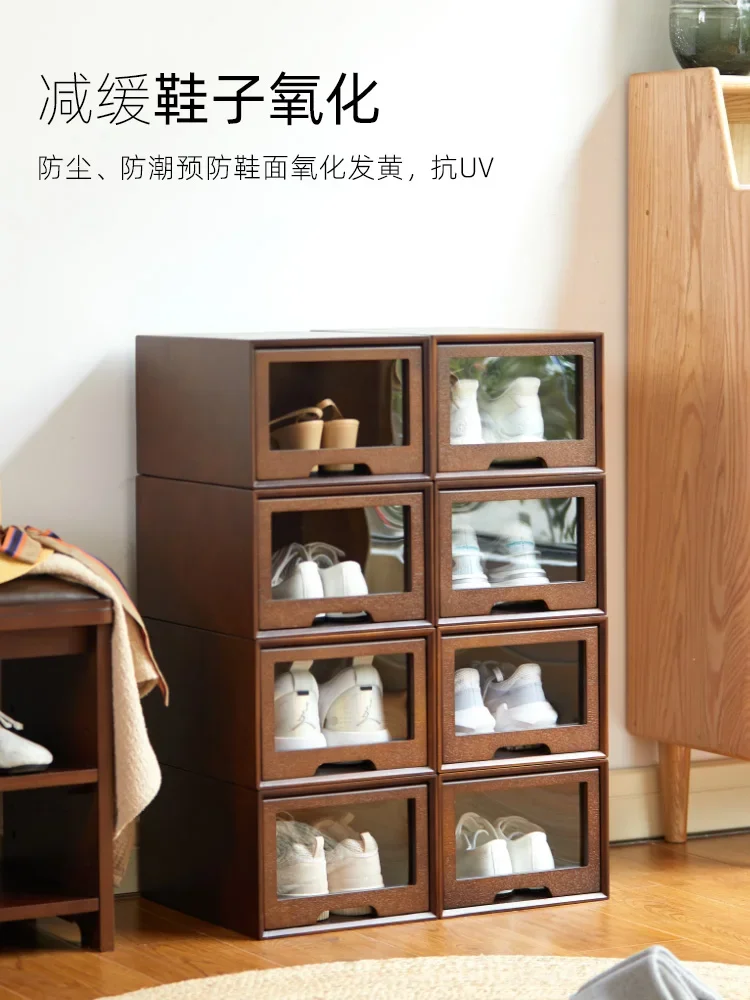 Solid wood shoe cabinet Large capacity multi-layer drawer locker Transparent moisture-proof