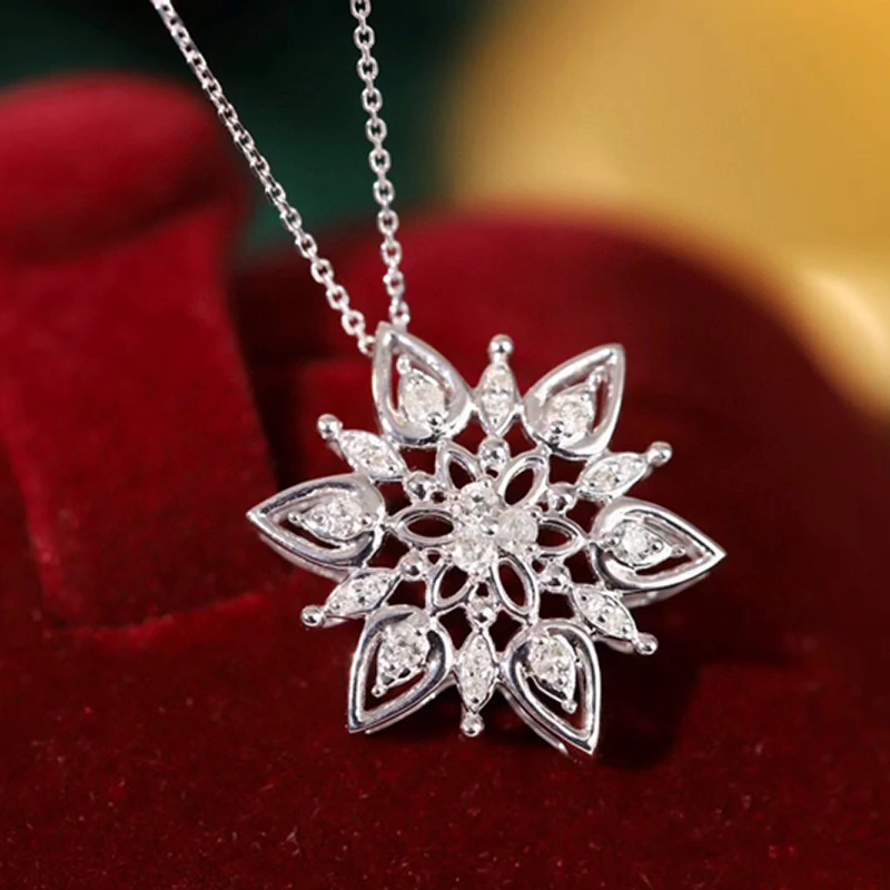 Aazuo 18K Solid White Gold Real Diamond 0.20ct H SI Lovely Flower Snowflake Necklace Gifted For Women Birthday Wedding Party