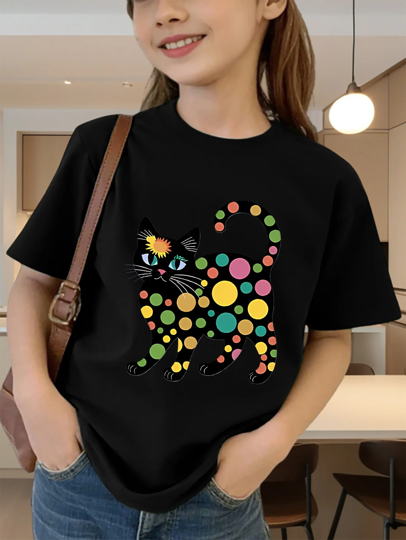 Cute Polka Dot Black Cat Print Graphic Kids Tee Boys Girls Family Matching Cotton Crew Neck Short Sleeve Soft Summer Tee