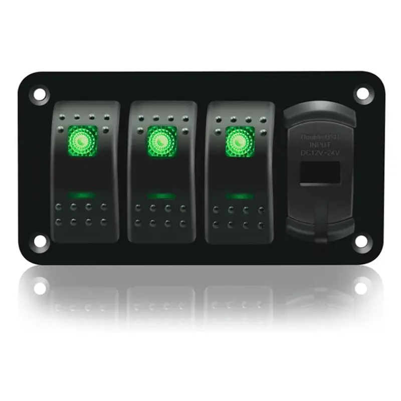 A91D Dual USB Fast Charging 3 Gang Rocker Switch Panel With Voltmeter Green Light For Boat Car Truck