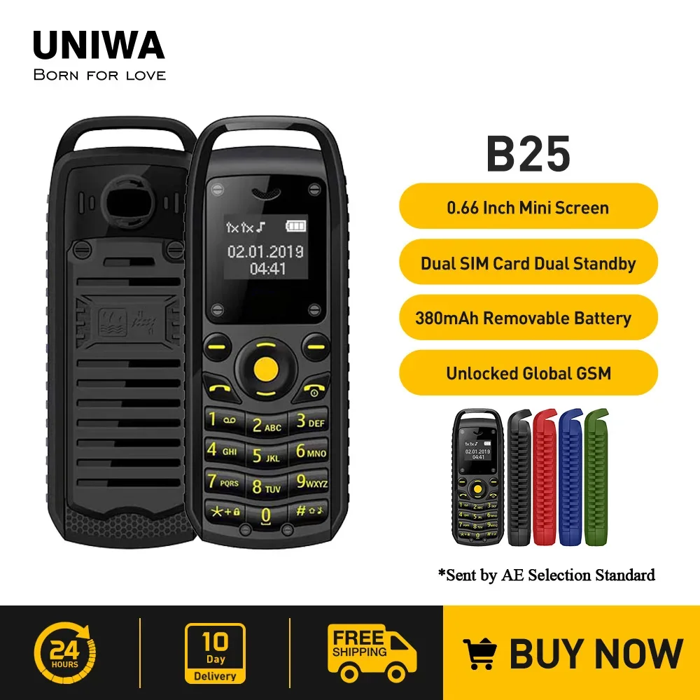 UNIWA Super Mini 0,66 pulgadas 2G teléfono móvil B25 auricular inalámbrico Bluetooth auriculares manos libres teléfono móvil desbloqueado tarjeta SIM Dual