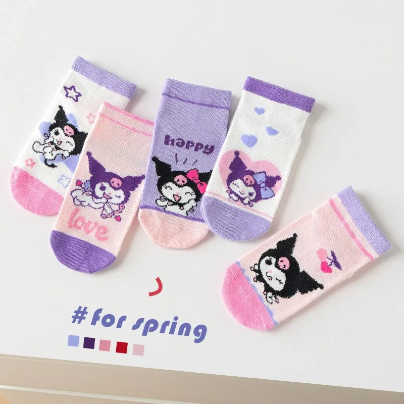 5 Pairs Sanrio Kuromi Kids Socks Mesh Breathable Ice Thin Socks Summer Kawaii Cartoon Childrens Mid-calf Cotton Sock for Girls