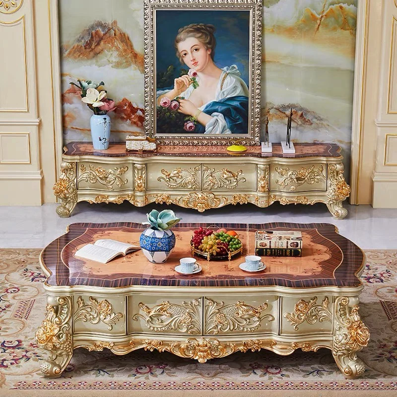 Royal european style modern luxury marble wooden tv stands cabinet tv stand unit and coffee table for living room furniture