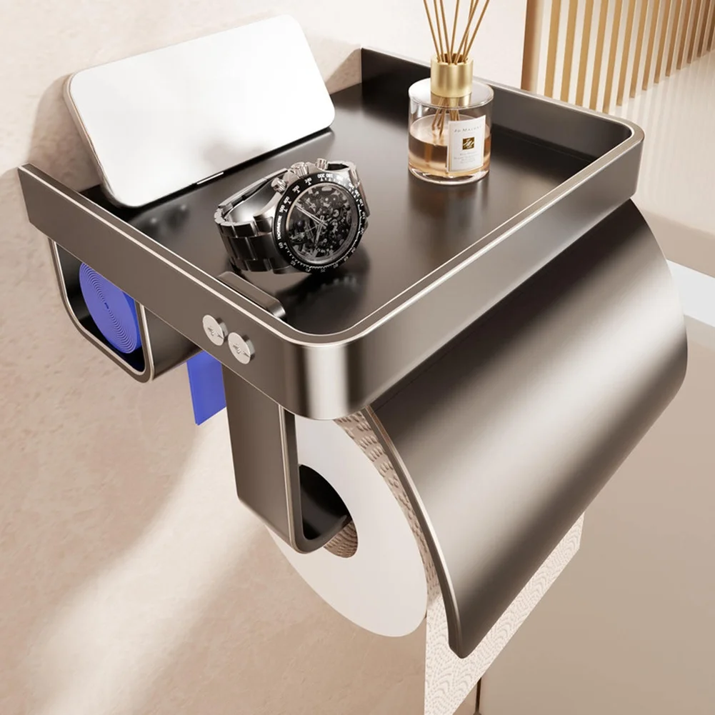 Paper Product Box Holder Mounted No Drill Aluminum Material with Dispenser Shelf and Waterproof Barrier 17x14x9.2cm
