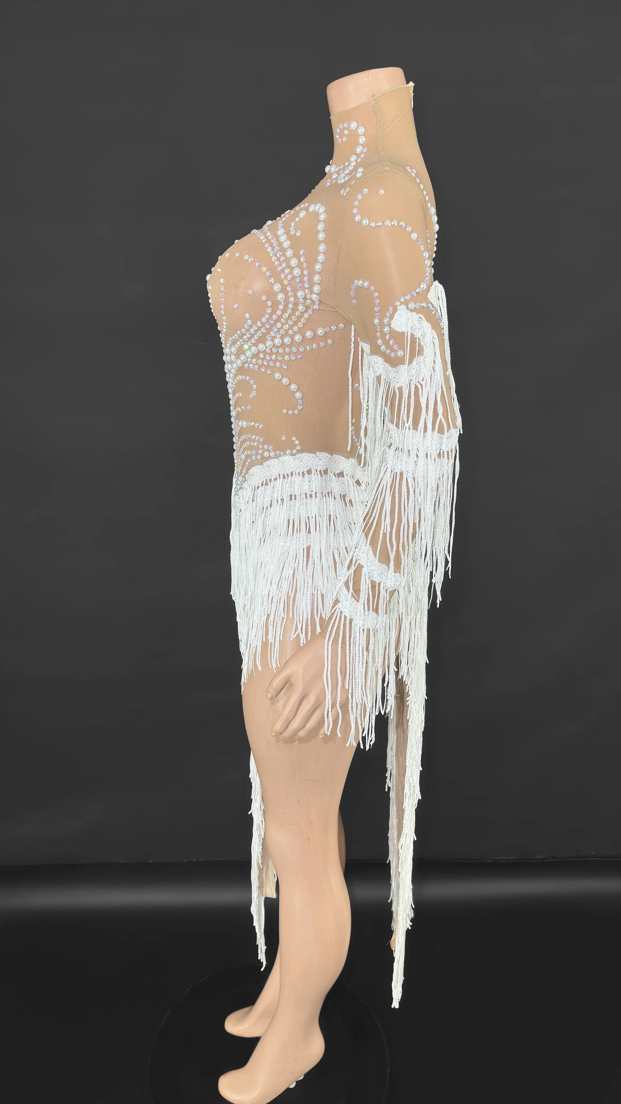 ZD Luxus-Body mit Strass-Fransen – glitzerndes, durchsichtiges Mesh-Tanzoutfit für Bühne und Auftritte