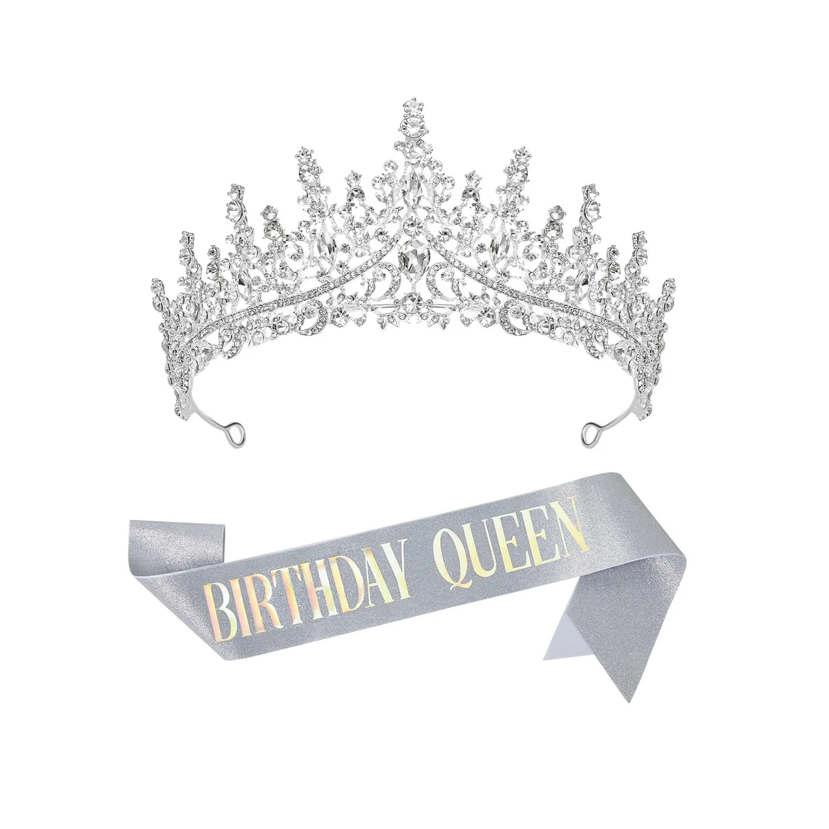 Birthday Crowns for Women Silver Sash and Set Rhinestone Princess Headband for Birth Day Party