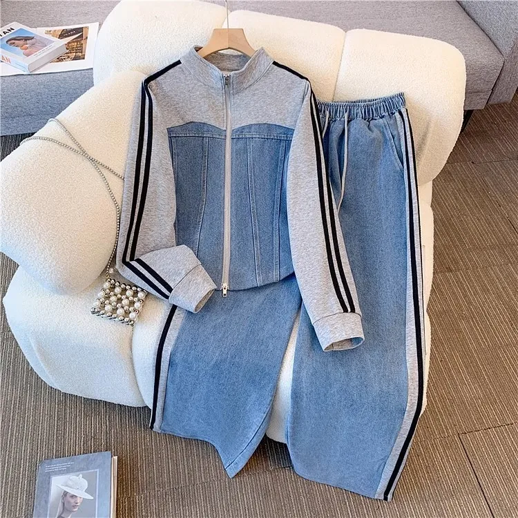 

Women's 2-piece Set Casual Pants Crop Top Zip Front Trousers Wide Leg Solid Color Jeans Light Blue High Neck Denim Pants