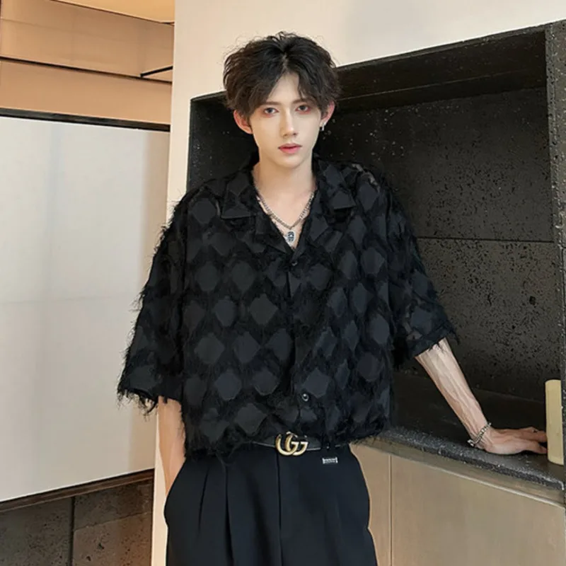 PFNW Stylish Tassel Male Top Solid Color Turn-down Collar Shirt Men Casual Short Sleeve Tops 2024 Summer Handsome Male 28W3676