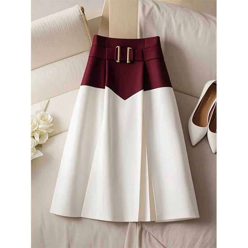 Korean Fashion Chic Red White Patchwork Skirt Women's Clothing New Vintage Elegant Office Lady A-Line High Waist Midi Skirts Y2k