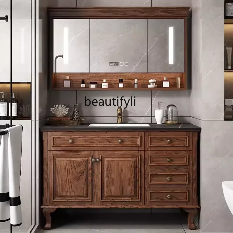 American Red Oak Stone Plate Bathroom Cabinet Combination Bathroom Table Solid Wood Floor Intelligent Double Basin Wash Basin