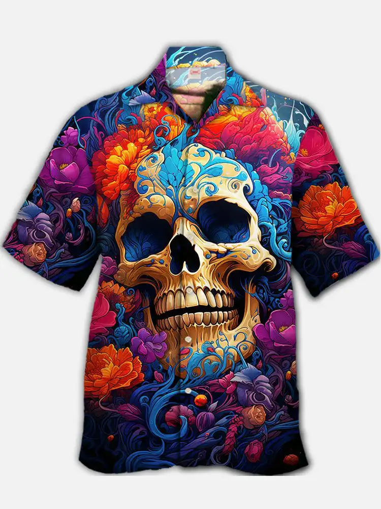 White Skull Vacation Shirt Pirate Cross Skull Hawaiian Casual Shirt Men\'s Fashion Shirt Short Sleeve Plus Size