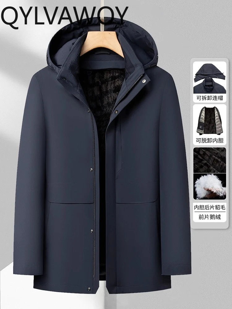QYLVAWOY Winter Parka Outerwear Mid-Length Shearling Middle-Aged Men's Niekefu (Fur-Lined Coat) Mink Liner Men's LJ2538