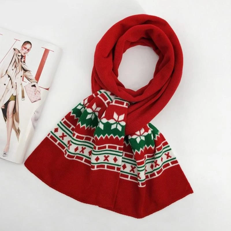 49MF Women Men Winter 2 Pieces Christmas Beanie Hat Long Scarf Set Snowflake Stripes Print Knitted Skull Cap Holiday Xmas