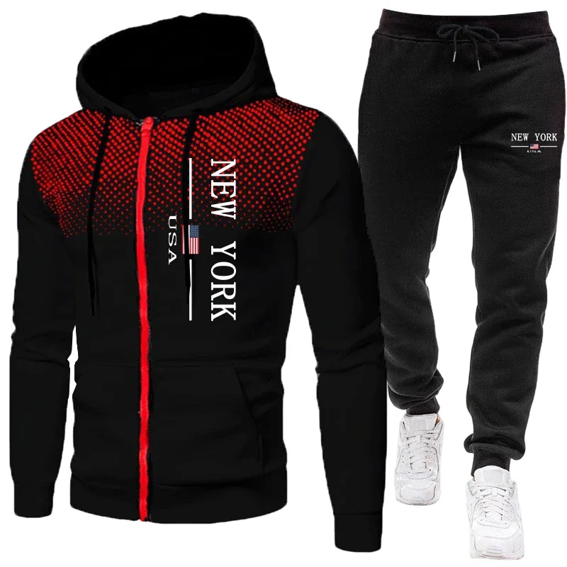 Men's Jacket Tracksuit Casual Zip Hooded Sweatshirts Dot Coat Outdoors Sports Clothing Autumn Winter Quality Single Tops Pants