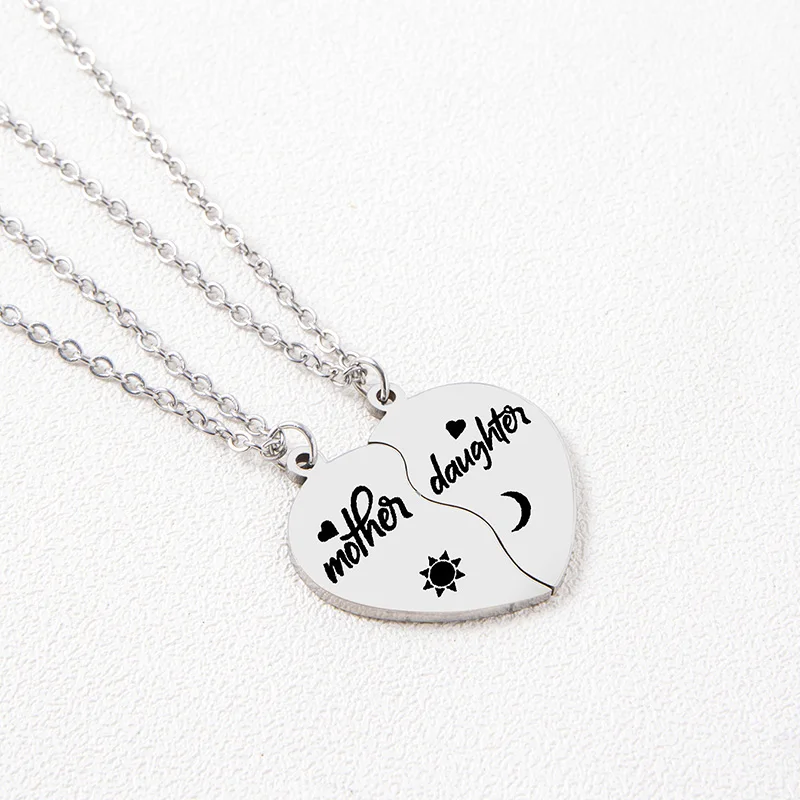 2Pcs/Set Mother Daughter Son Heart Puzzle Pendant Necklace Stainless Steel Sun Moon Necklaces For Mom Children Gift