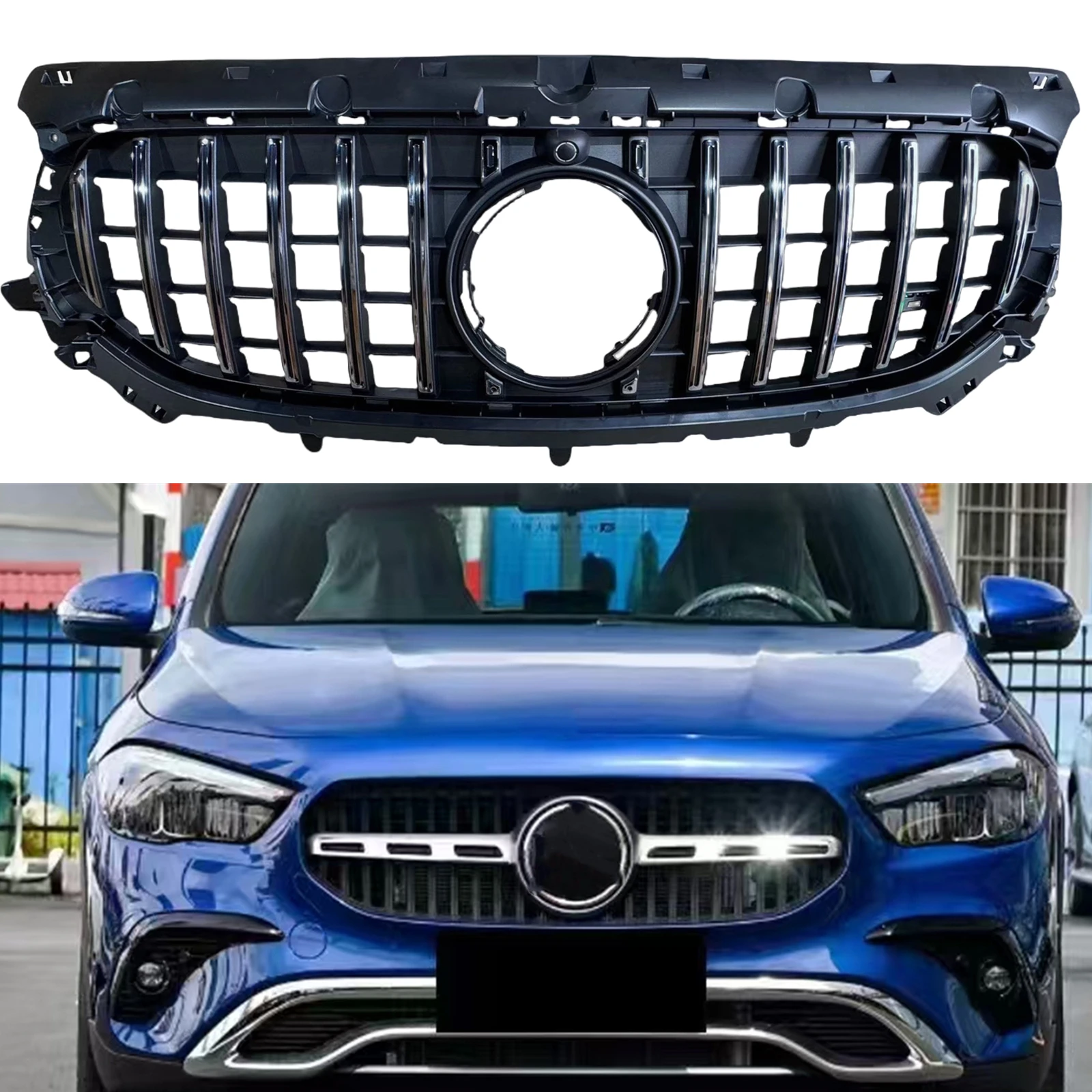 For Mercedes Benz GLA CLASS H247 2024-2025 Front Grille Racing Grill GT R Style Black/Silver Car Upper Bumper Hood Mesh Grid