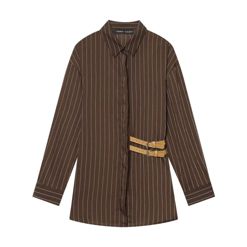 Camisa a rayas con hebillas para mujer, Tops sencillos con botones y cuello de solapa informal, camisas y blusas elegantes para mujer de primavera